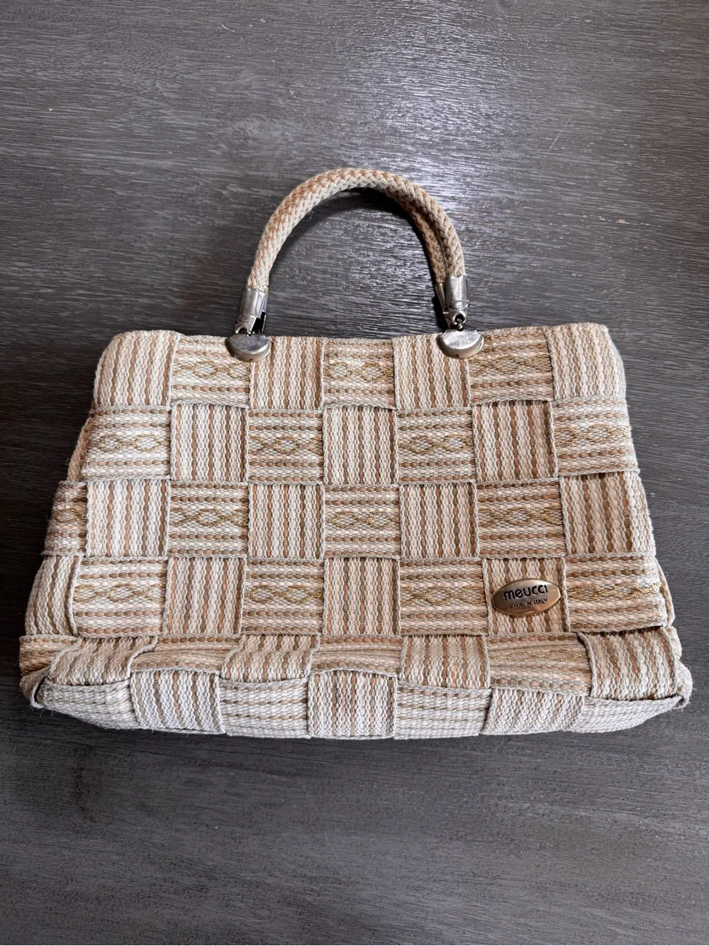 Meucci Italian Woven Shoulder HandBag Purse Tan Gold